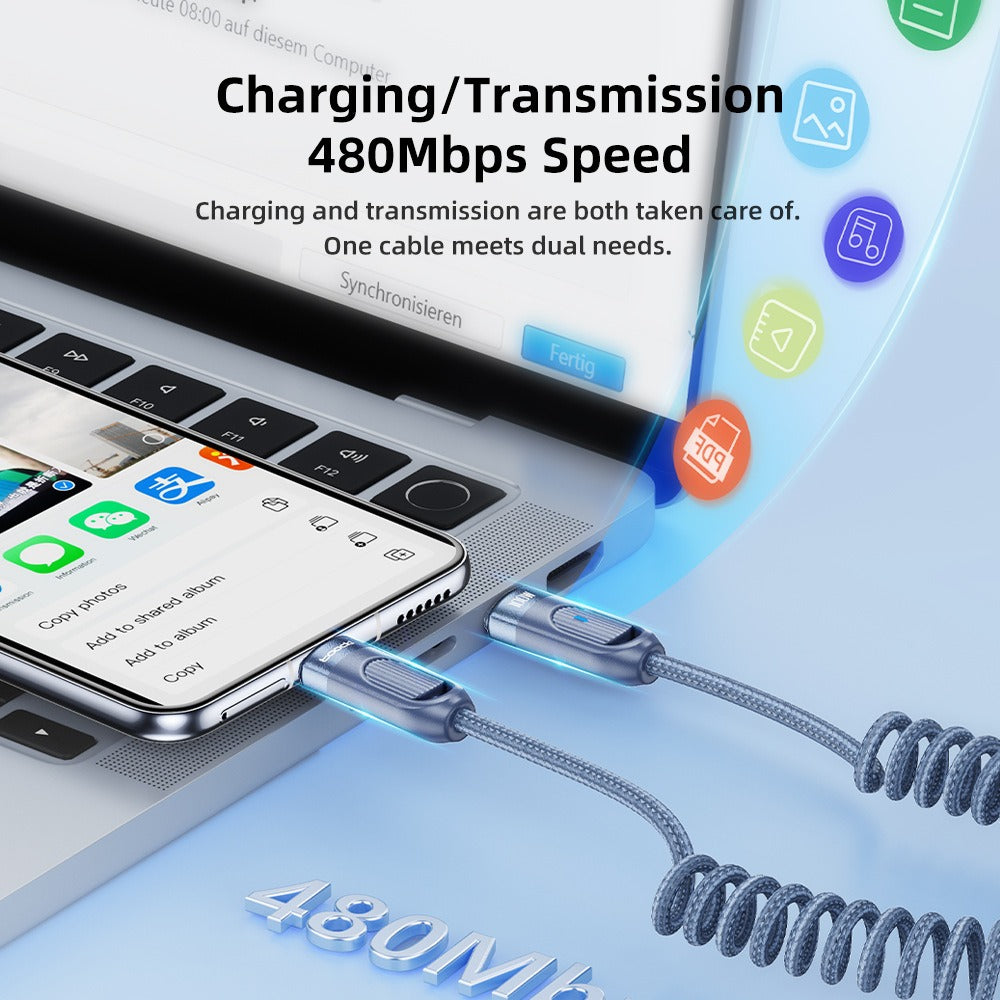 Car mounted spring with light PD100W fast charging dual typec data cable suitable for Huawei Apple 15