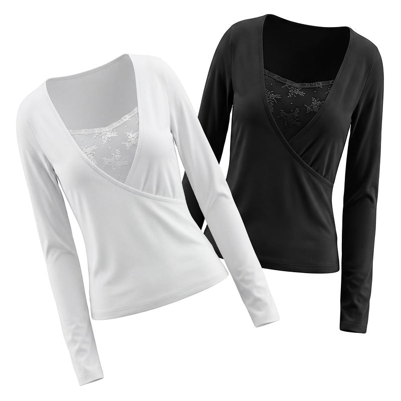 V-neck fake two long sleeved tops