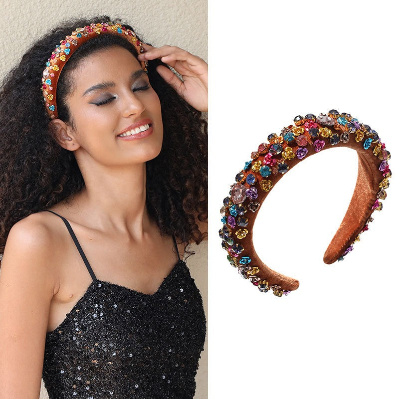 Fashionable metal flower sponge Baroque style colored rhinestone headband hair accessories