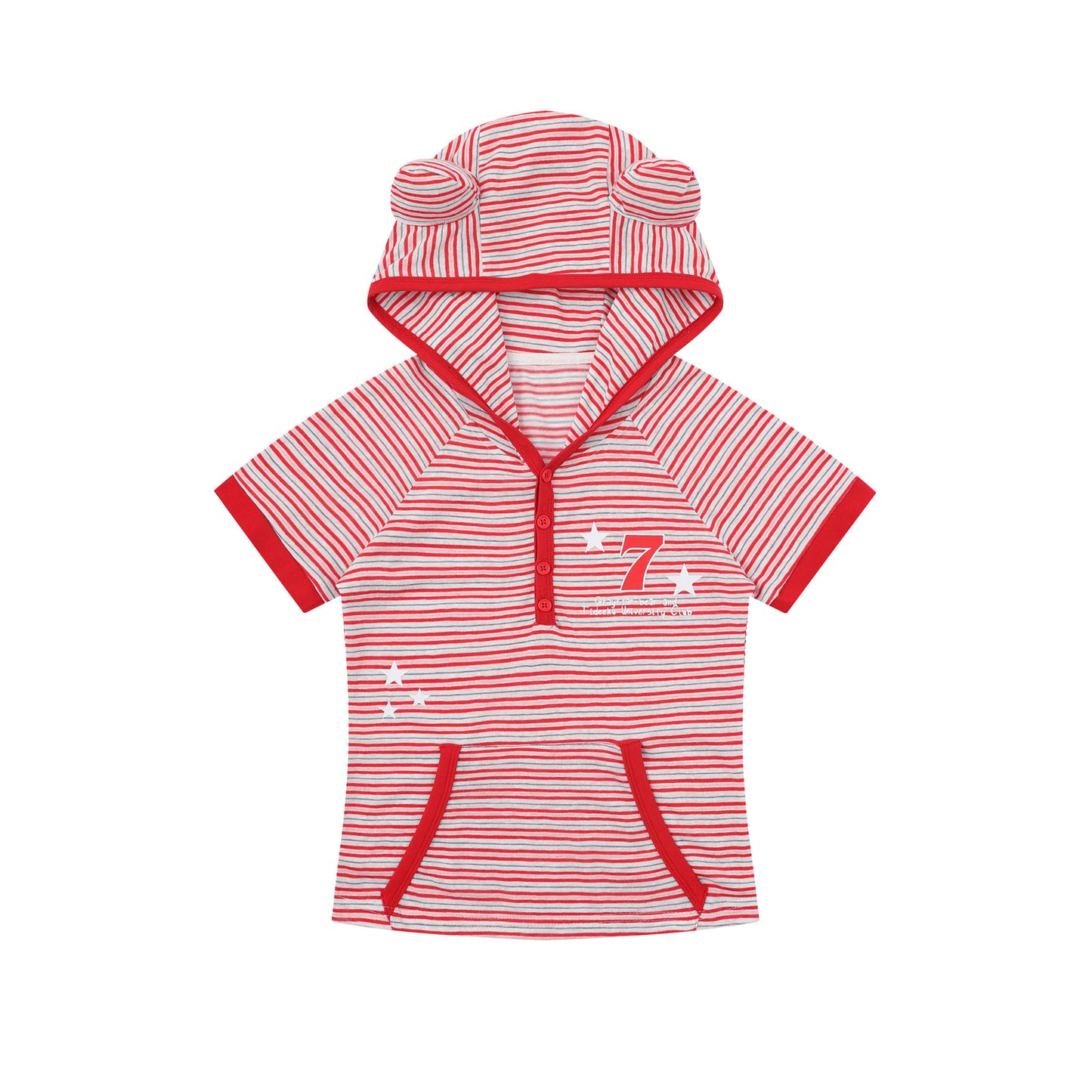 Short Sleeve Striped Color-block Printed Hooded T-shirt Top for Layering or Outer Wear