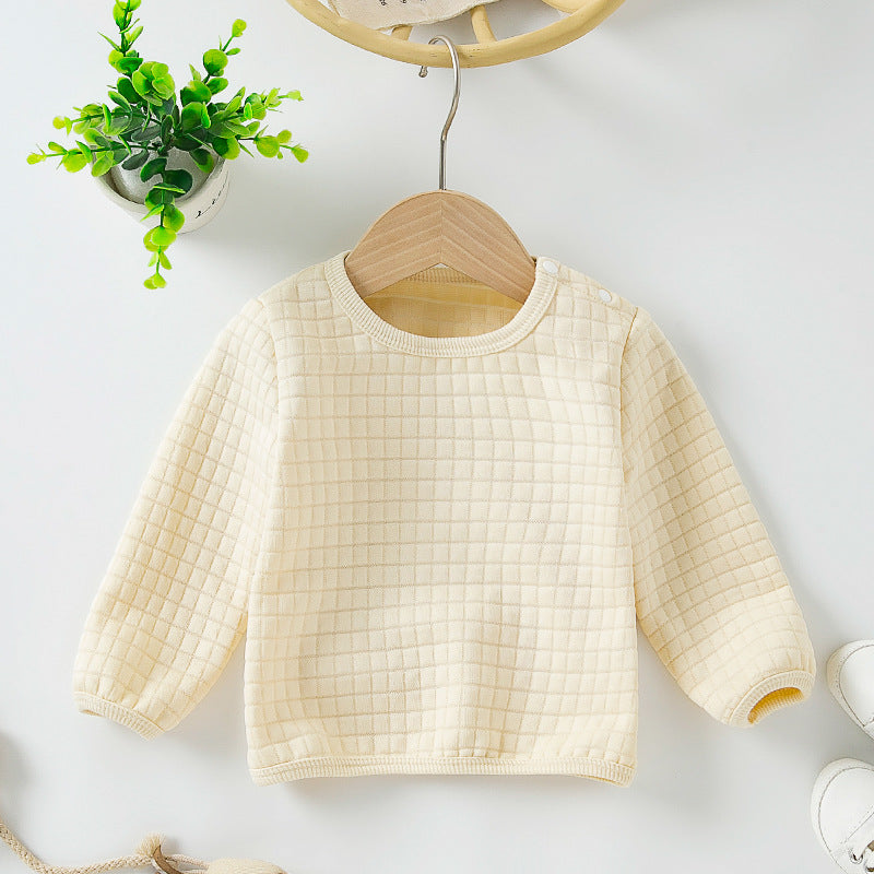 Autumn and Winter New Children's Unisex Round Neck Long Sleeve T-Shirt, High-Quality Knitted Plaid Fabric, Solid Color Minimalist Sweatshirt