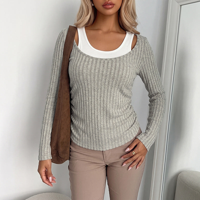 Long sleeved fake two-piece spliced U-neck T-shirt for women
