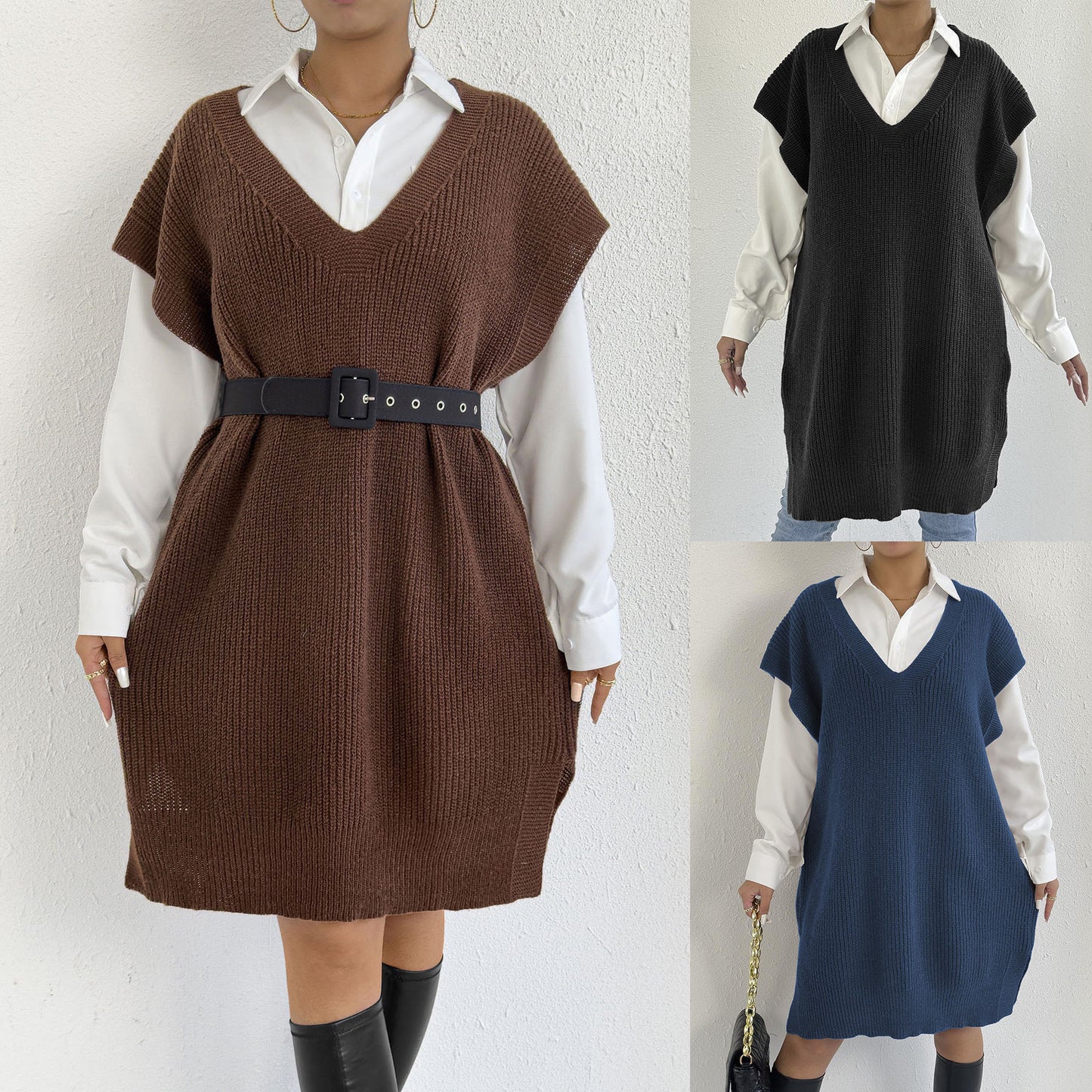 Lady's Open Front Vest, Mid-Length Knit Sweater Vest Dress with Deep V-Neck, Loose Casual Style (Without Belt)
