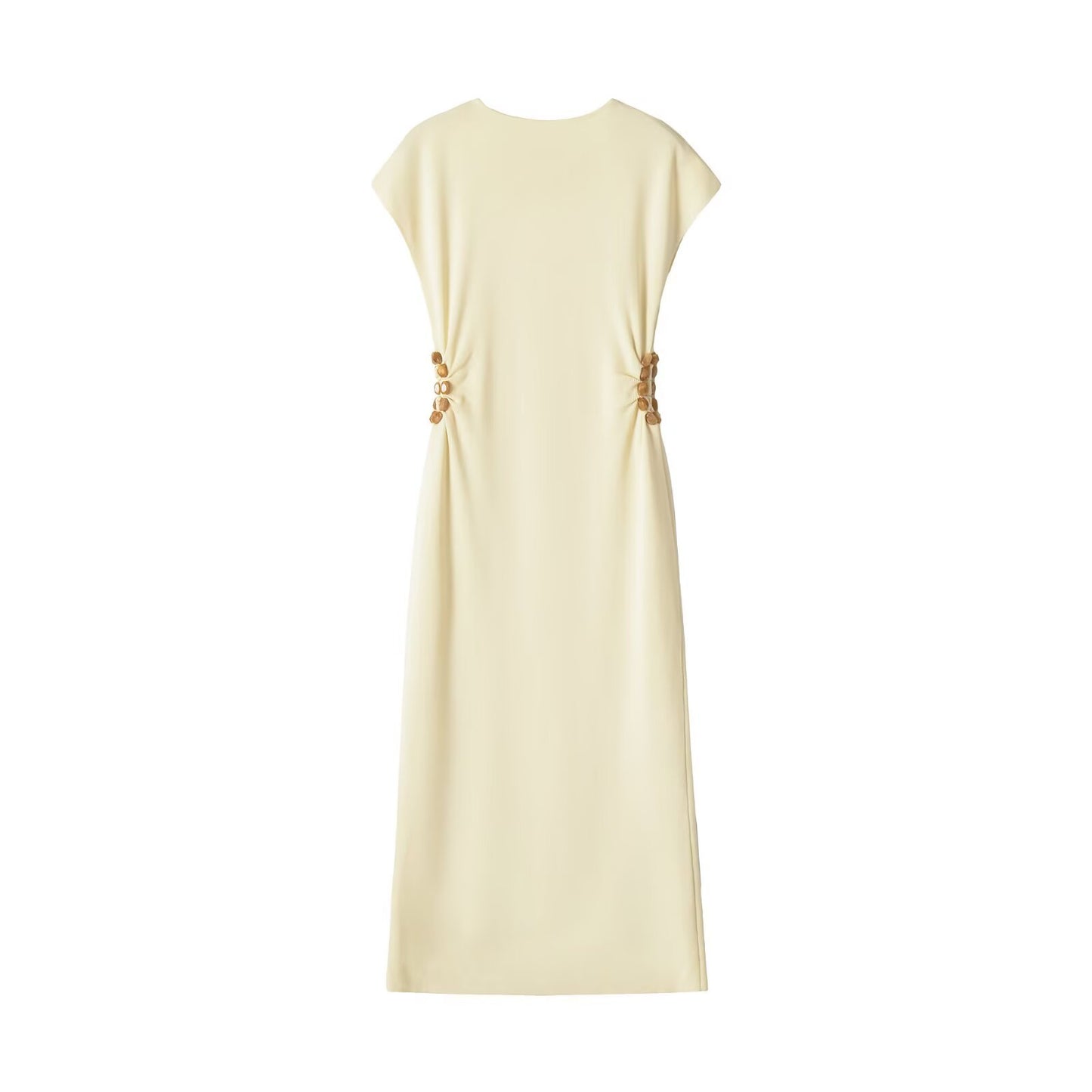Short sleeved round neck hollow bead knitted dress