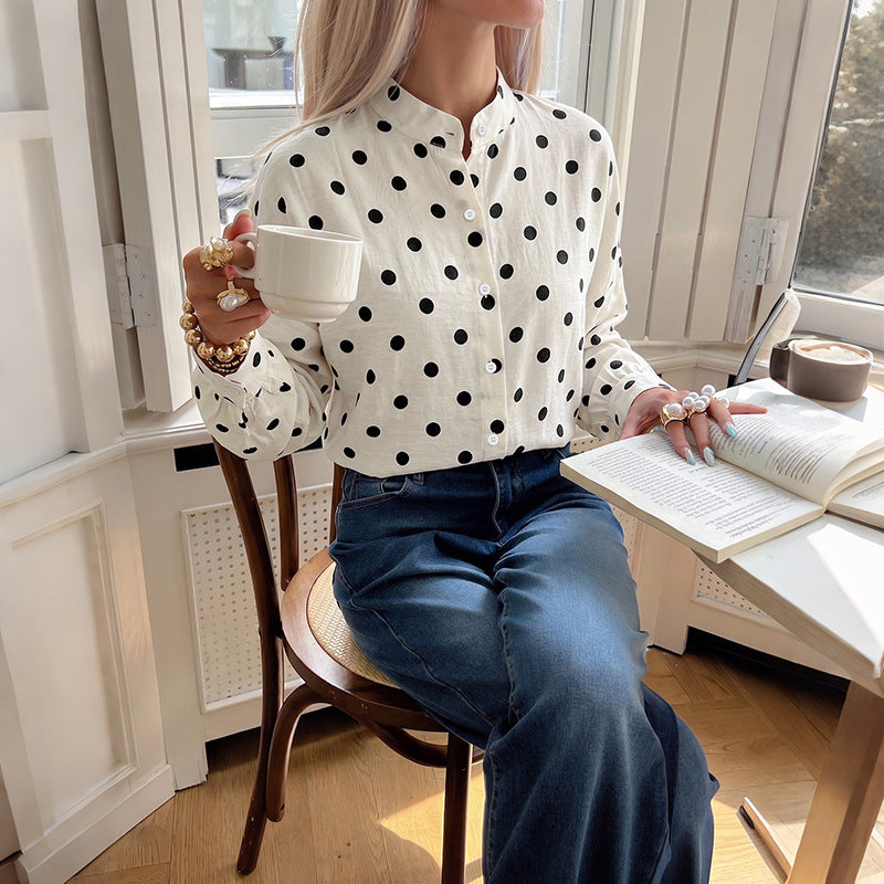 Loose stand up collar polka dot long sleeved shirt
