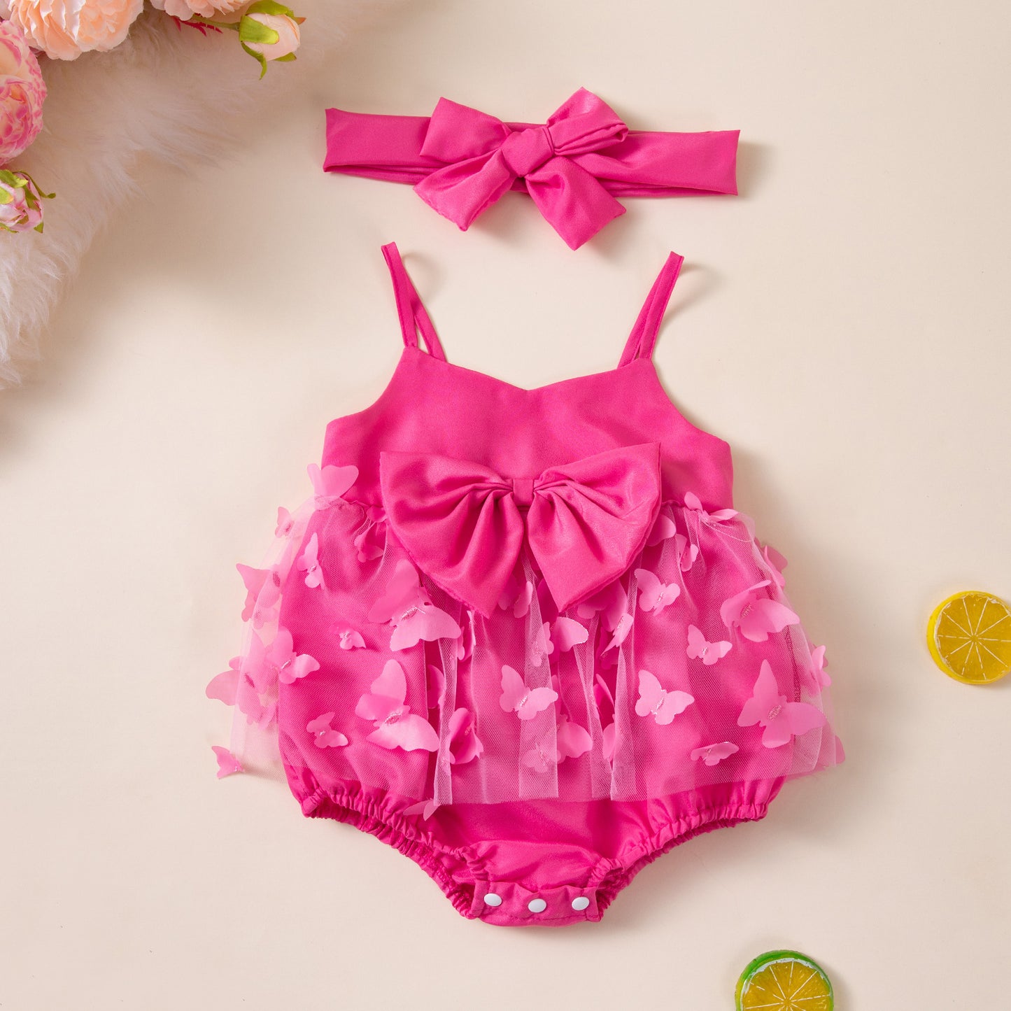 Summer Baby Romper with Bow, Pink Mesh Bodysuit with Hair Accessory for Girls