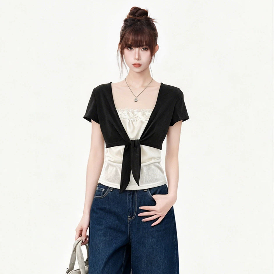 Short Sleeve T-Shirt for Women  Tie-Up Slim Fit Top