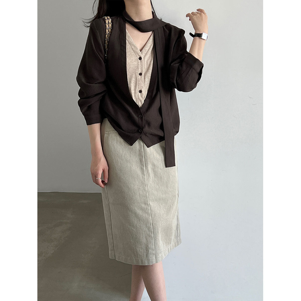 Tie-Neck False Two-Piece V-Neck Blouse for Women  Relaxed Design Ribbon Long Sleeve Top