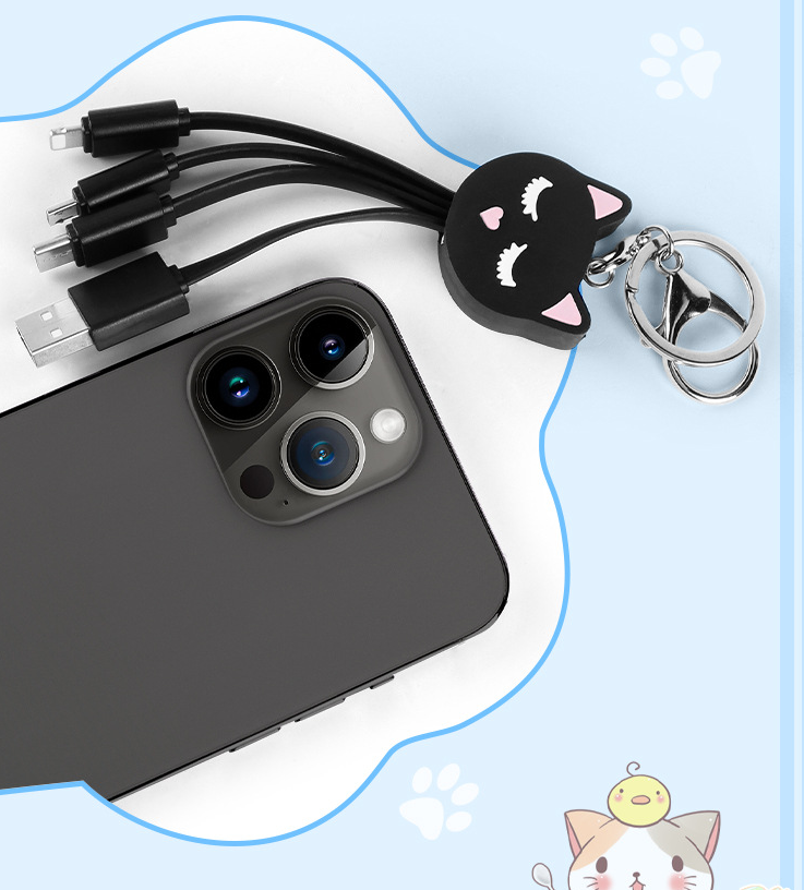 Cartoon Black Cat 3-in-1 Data Cable Cute Key Portable One to Three Charging Cable Suitable for Apple and Huawei