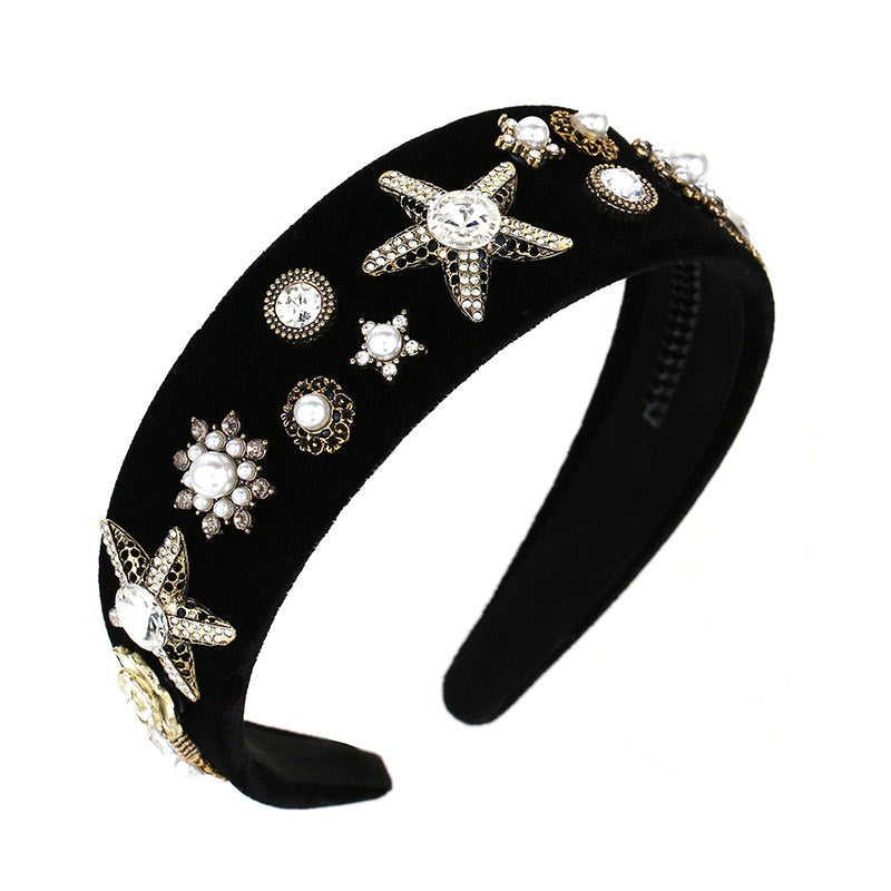 Fashionable wide edge velvet cloth pearl black starfish headband