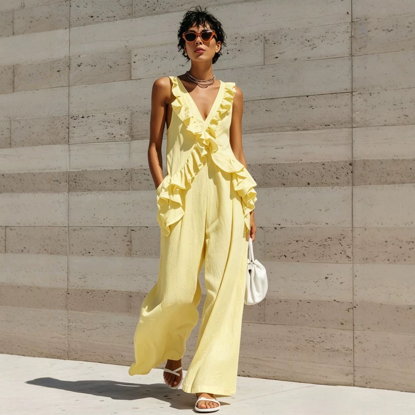 Casual Vacation Style Women's Sleeveless V-Neck Solid Color Jumpsuit