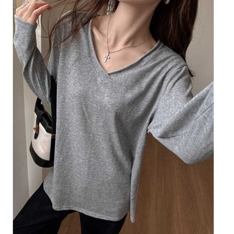 Snow Cotton Women's Long Sleeve T-Shirt, Deep V-Neck, Loose Casual Basic Versatile Top