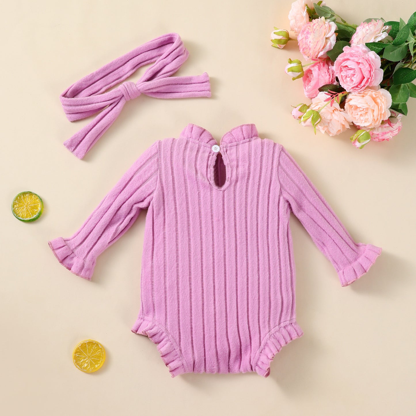 Kids Autumn/Winter New Girls' Long Sleeve Bodysuit Solid Color Ribbed Onesie with Headband Set