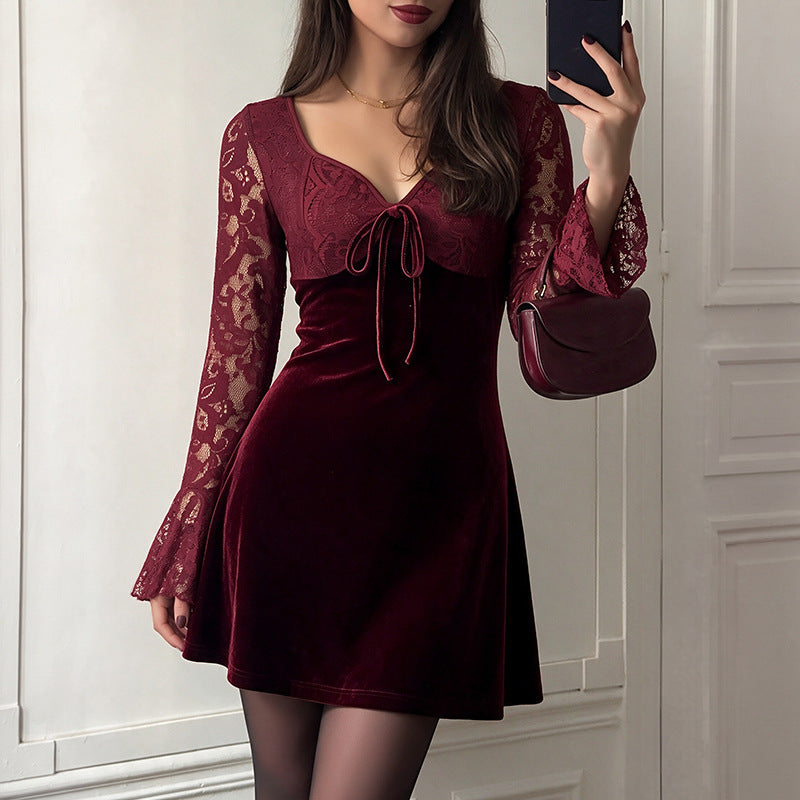 Velvet Lace Patchwork Long Sleeve Tie Waist Mini Dress