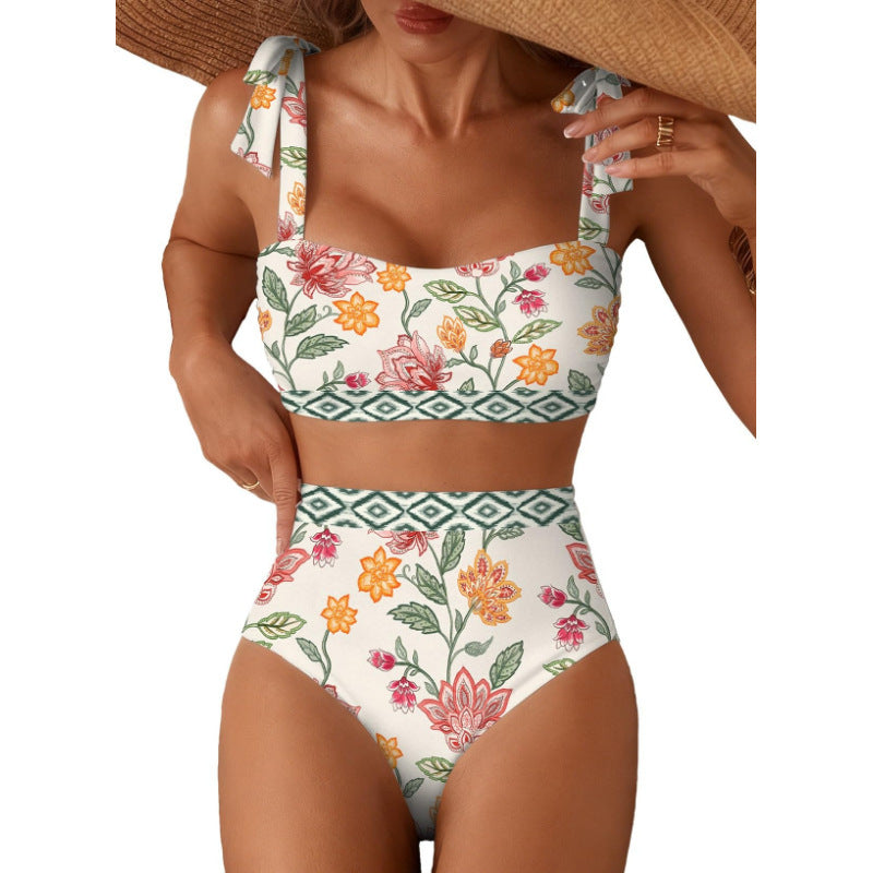 Women's Striped Bikini Set with Tie-Shoulder Design, High-Waisted Two-Piece Swimsuit