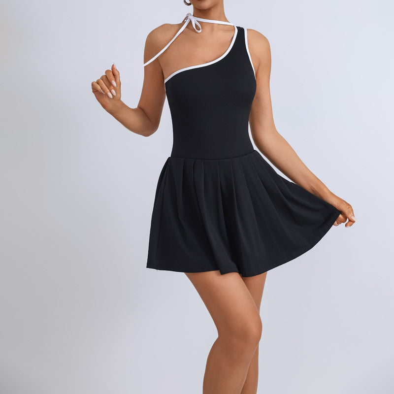 Sporty Yoga Jumpsuit for Women with Built-in Leggings, Irregular Color-block Design, Golf and Tennis Skirt, Pleated Style