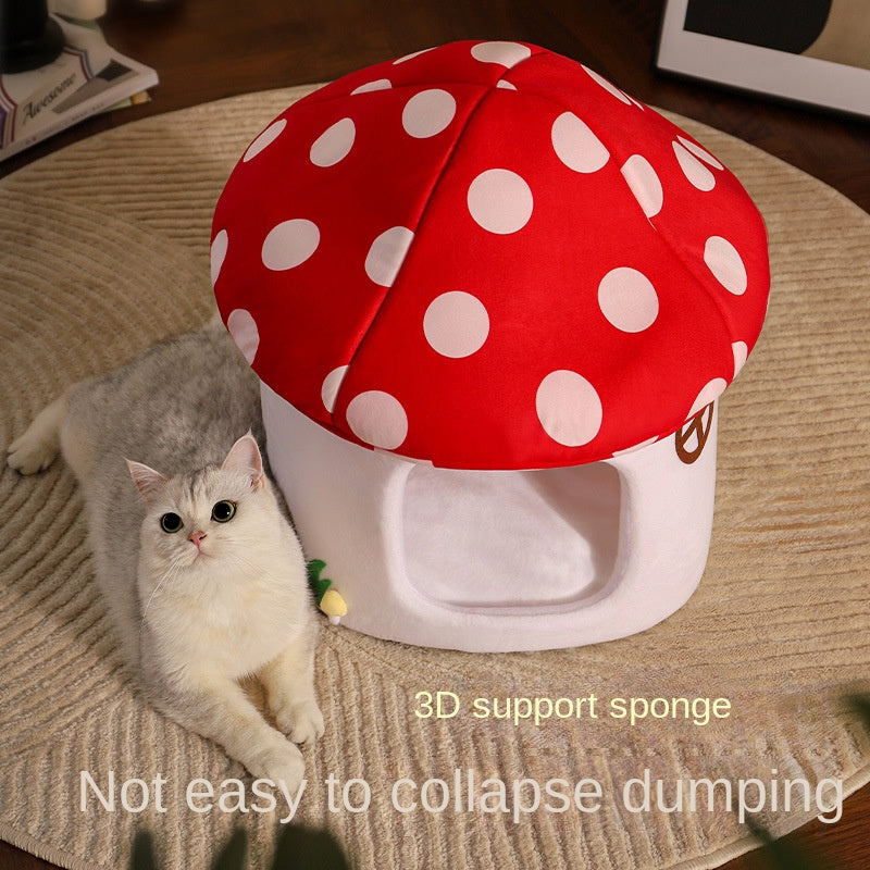 Red Umbrella Mushroom Cat House Dog Bed Winter Warm Closed-Style Cat House Pet Nest All-Season Universal for Cats and Dogs