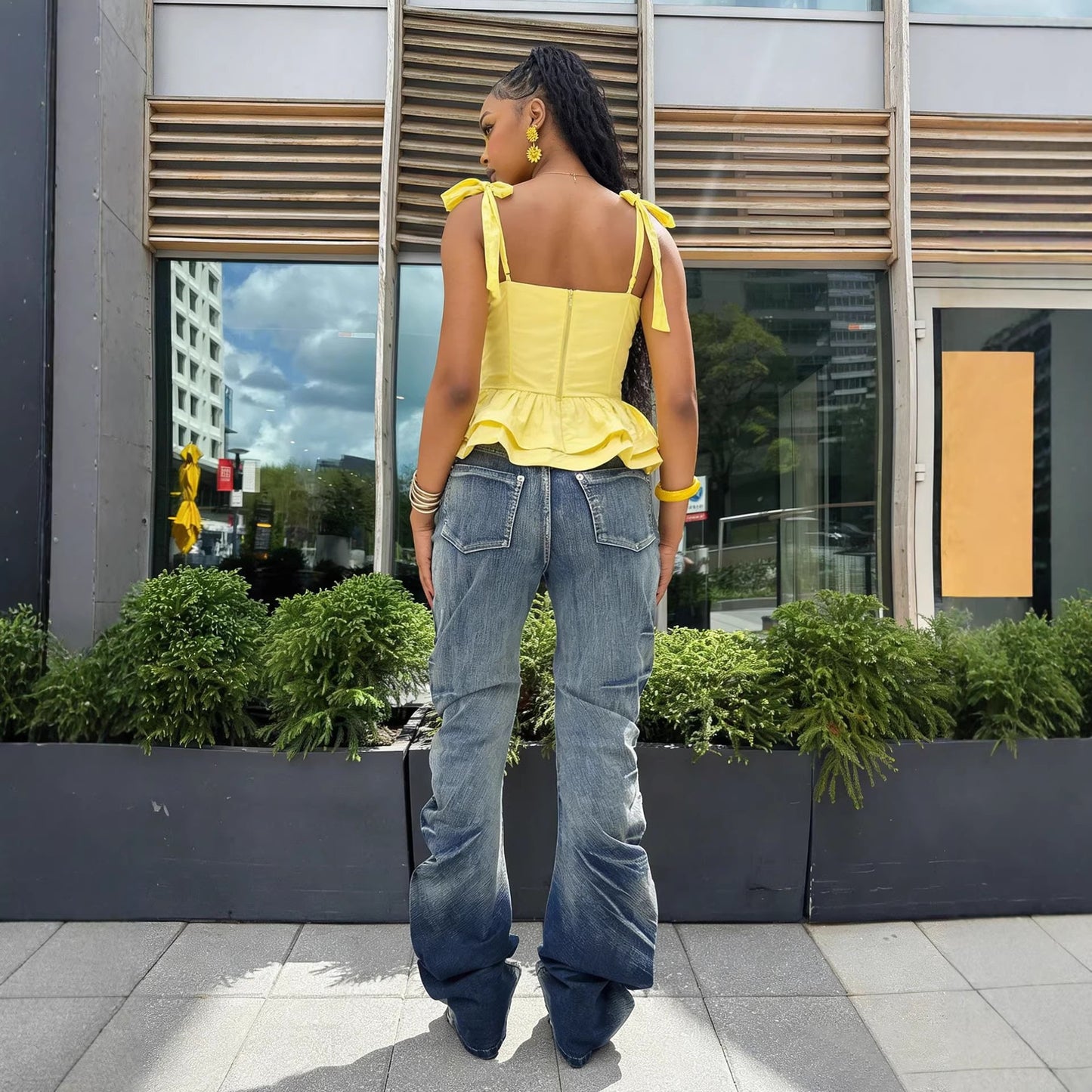 Street Style Pleated Catwhisker Slim Fit Washed Stack Denim Pants