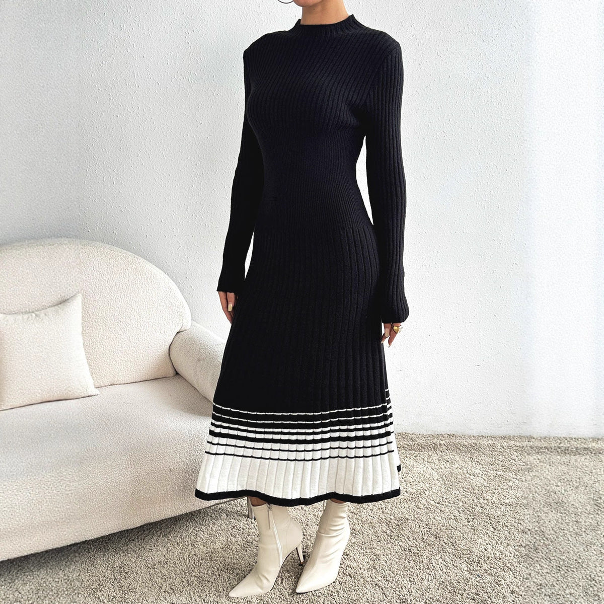 Women's Knit Dress with Black and White Stripes, Long Sleeve, Casual Basic Dress