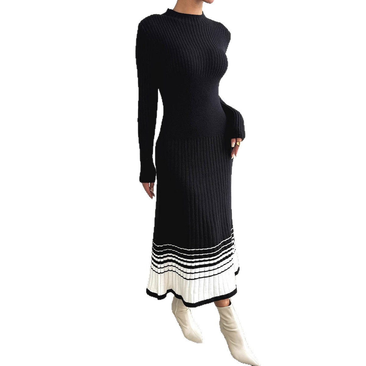 Women's Knit Dress with Black and White Stripes, Long Sleeve, Casual Basic Dress