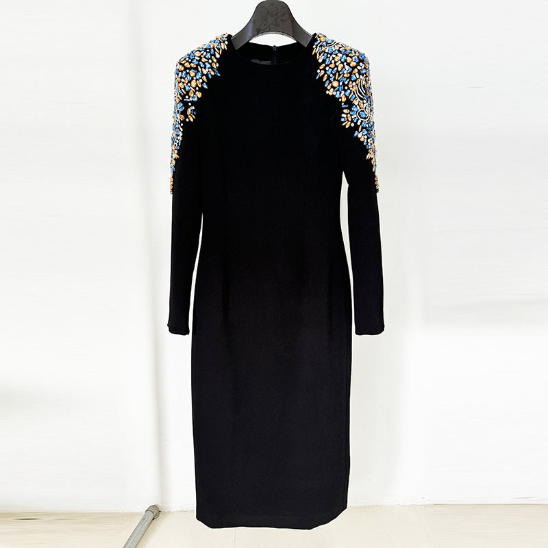 European and American celebrity fashion heavy industry nail bead studded diamond long sleeved mid length dress