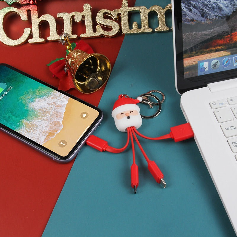 Christmas 3-in-1 Data Cable Creative Cartoon Multi functional Portable Keychain Santa Charging Cable