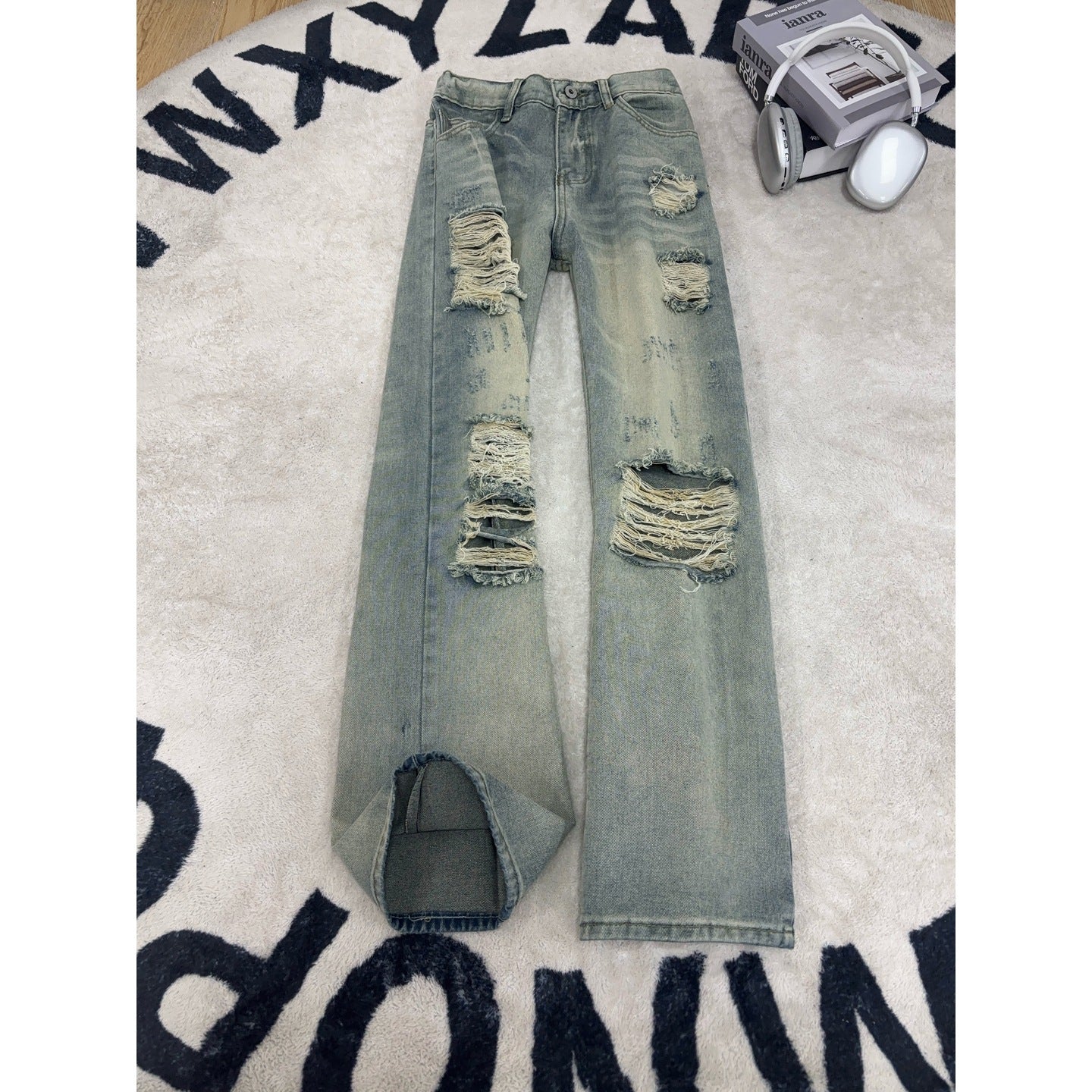 Ripped Denim Pants for Men,Vintage Loose Wide Leg Design Long Trousers
