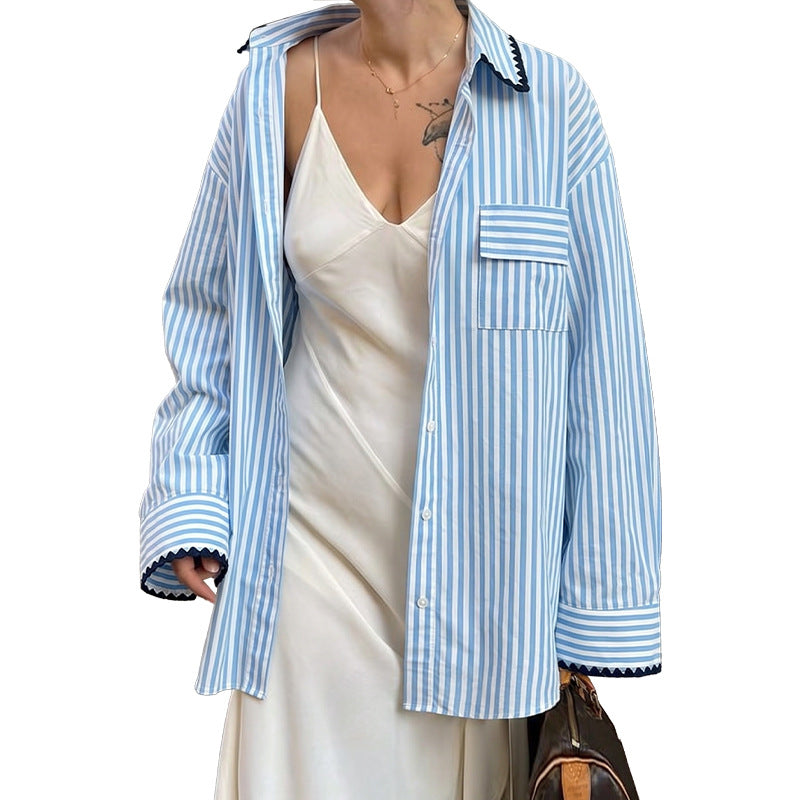 Stripe contrasting color wrapped loose fitting shirt for women