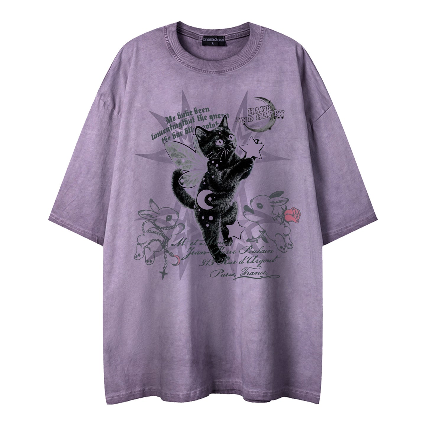 Dreamy black cat print short sleeved shirt