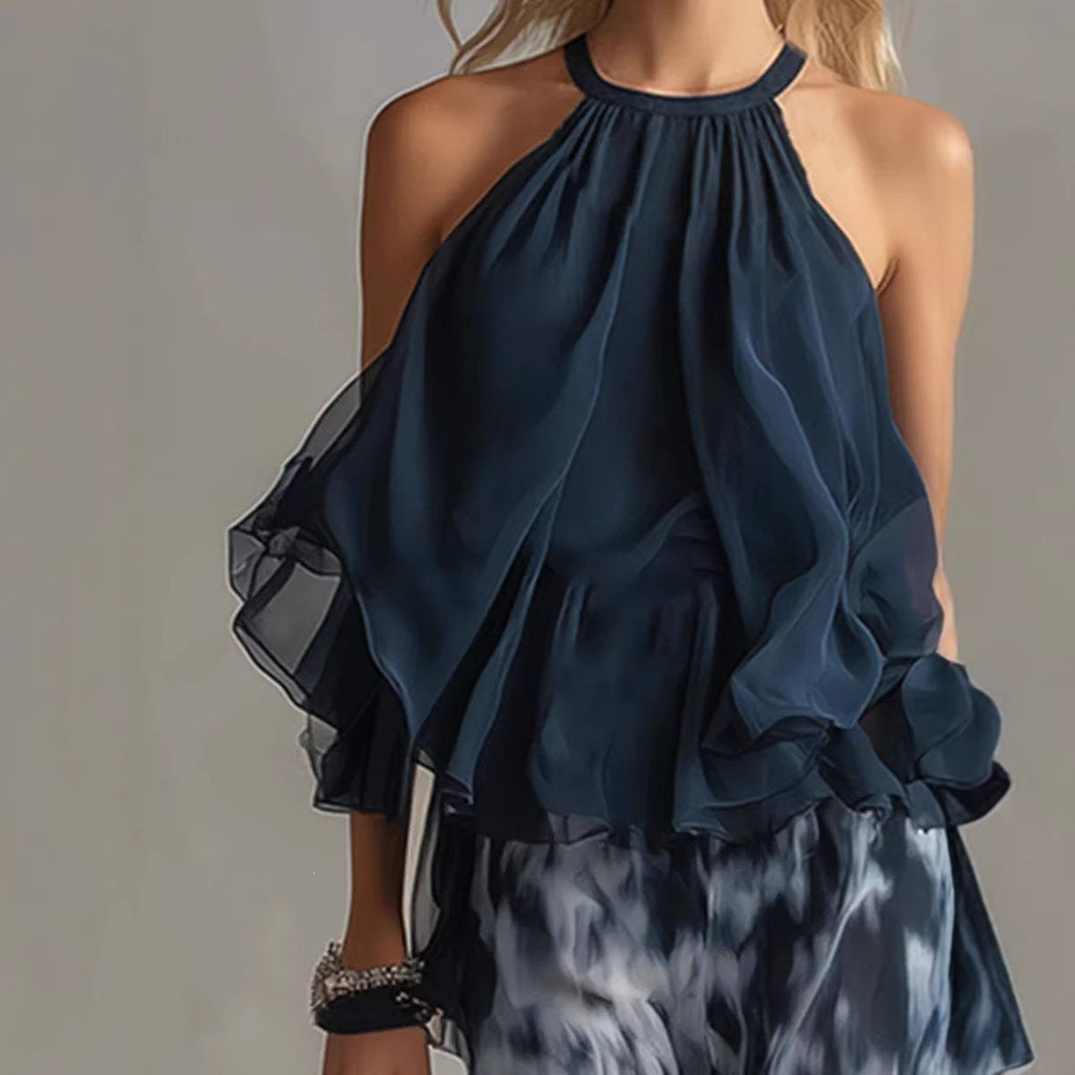 Sleeveless Halter Neck Top with Printed Wide Leg Pants Summer New Arrival