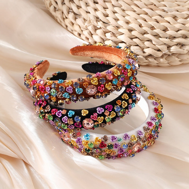 Fashionable metal flower sponge Baroque style colored rhinestone headband hair accessories