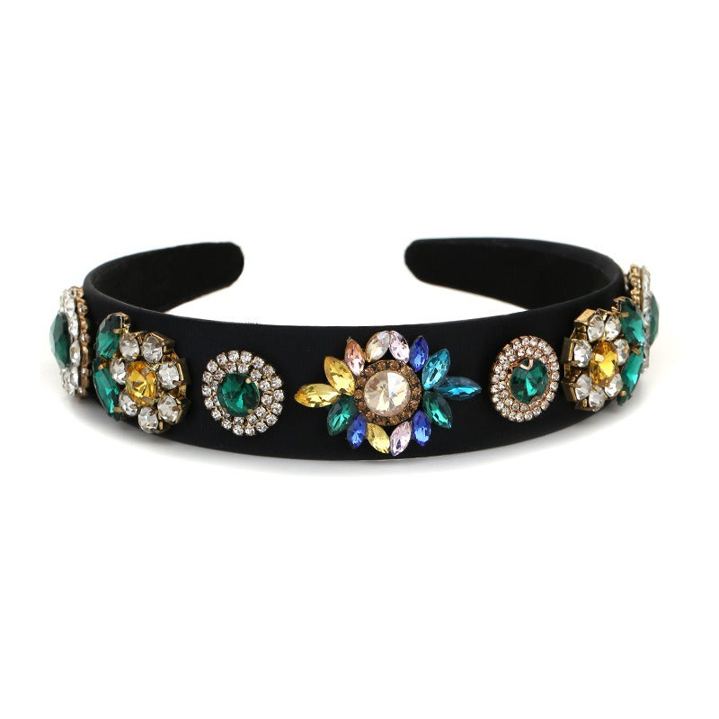 Fashionable wide brimmed hair band for women with diamond inlaid flower Baroque rhinestones