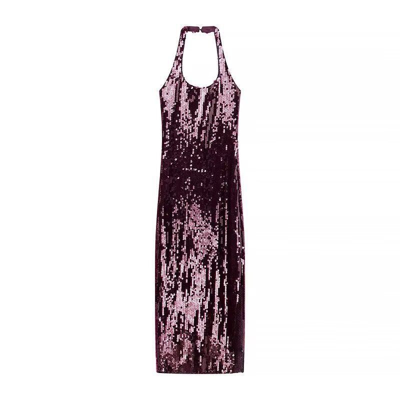 French sexy backless sequin design hanging neck dress