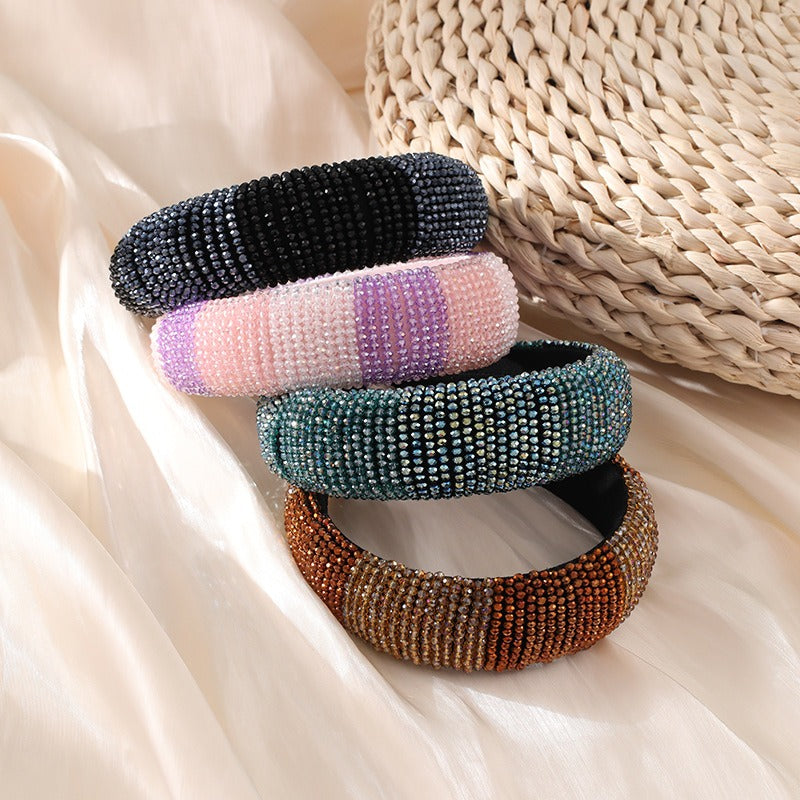 Fashionable beaded sewing with multi-color crystal gold velvet fabric wide edge sponge headband