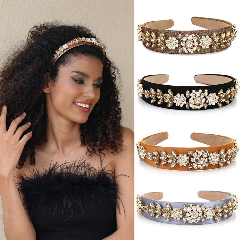 Super Sparkling Baroque Crystal Flower Headband Gold Velvet Retro Headband