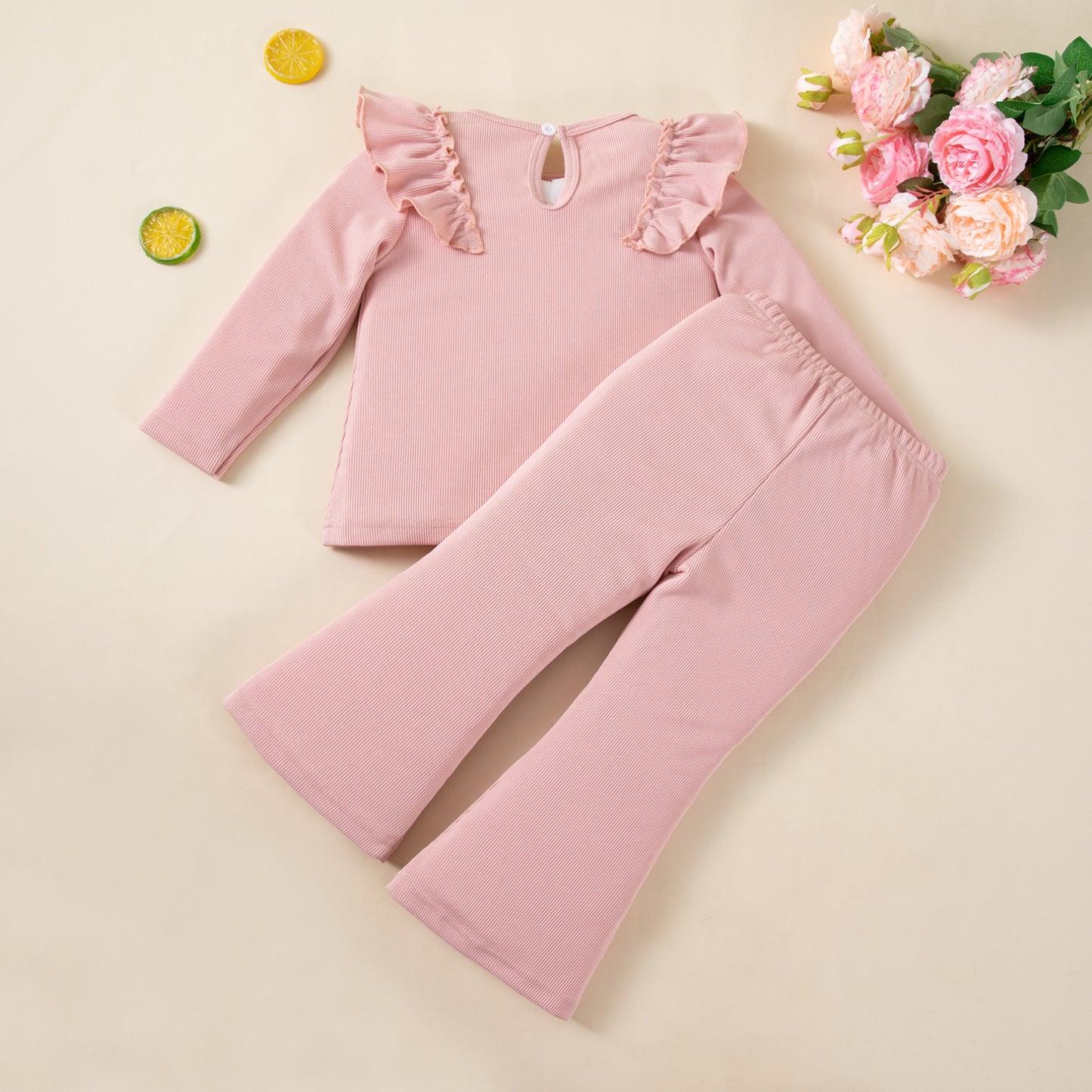 Casual Style Solid Color Elastic Long Sleeve T-Shirt and Flared Pants Two-Piece Set for Girls