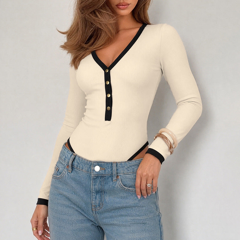Slim fit long sleeved V-neck jumpsuit for women