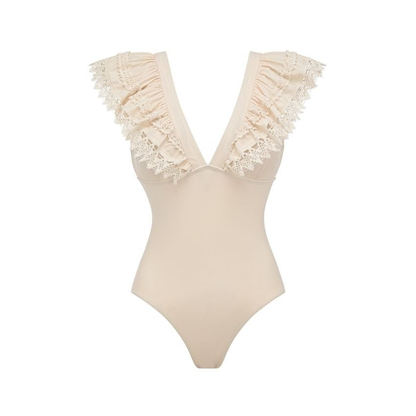 One-Piece Swimsuit for Women Body-Con Solid Color with Lace Trim Swimwear Set