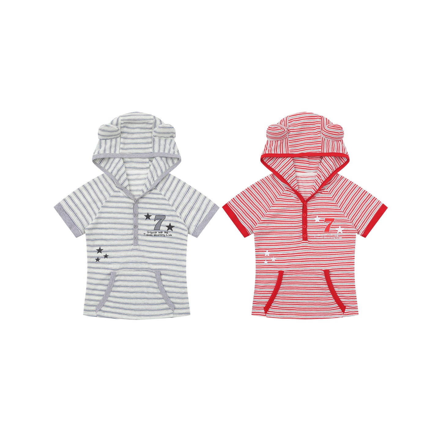 Short Sleeve Striped Color-block Printed Hooded T-shirt Top for Layering or Outer Wear
