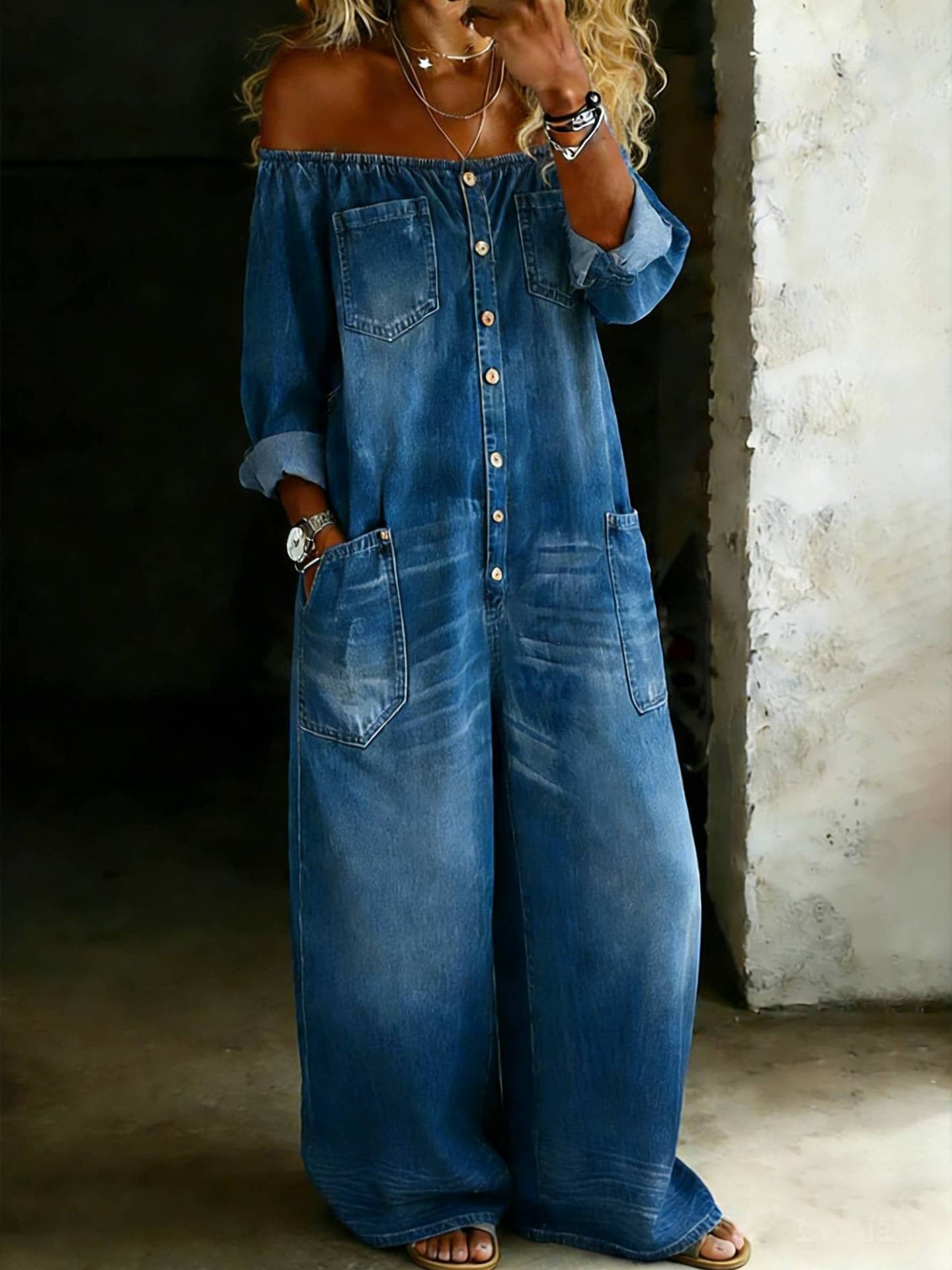Single-Breasted Off-Shoulder Washed Overalls for Women