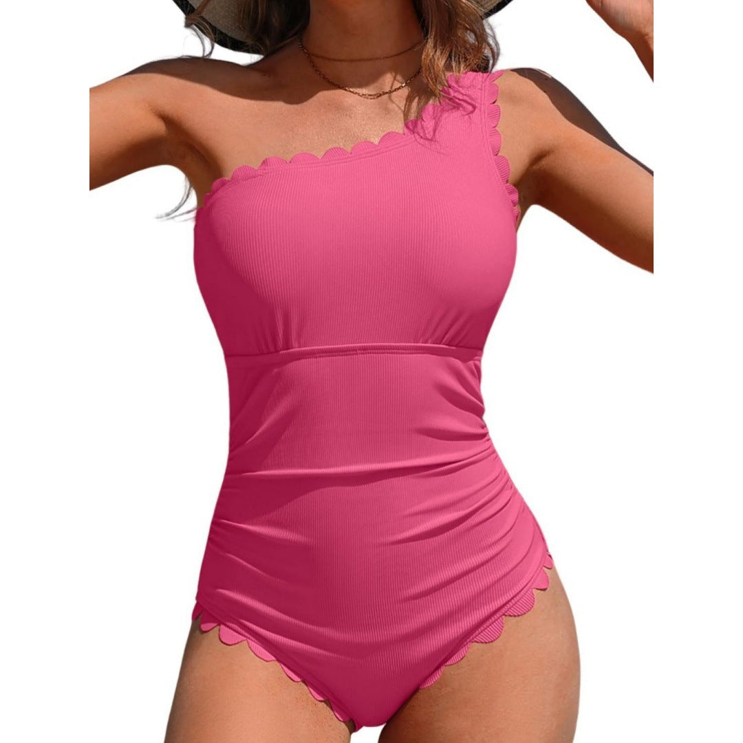 Solid color slanted shoulder one-piece swimsuit