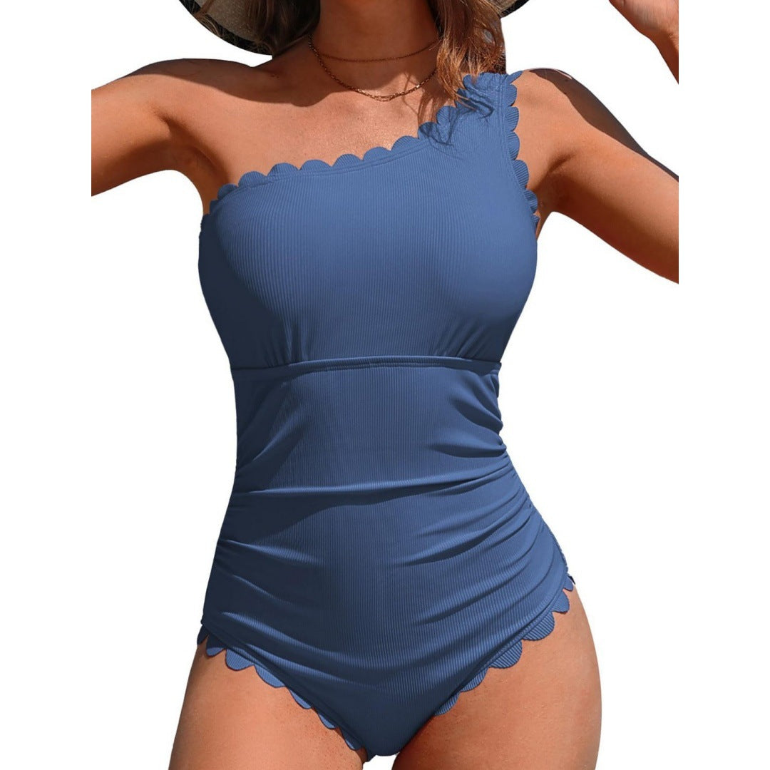 Solid color slanted shoulder one-piece swimsuit