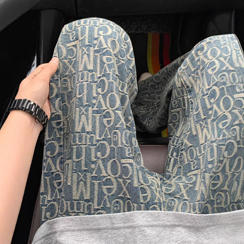 Floral Print Denim Pants Men Unique Design Flared Pants