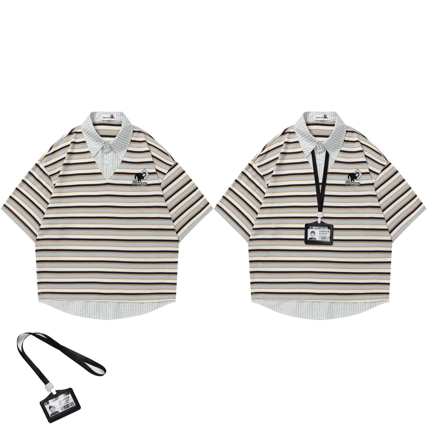 Hanging embroidery horizontal strip short sleeved shirt