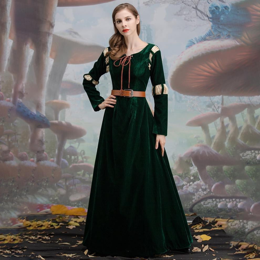 Halloween Brave Story Character Merida Women's Green Vintage Royal Long Dress Cosplay Costume