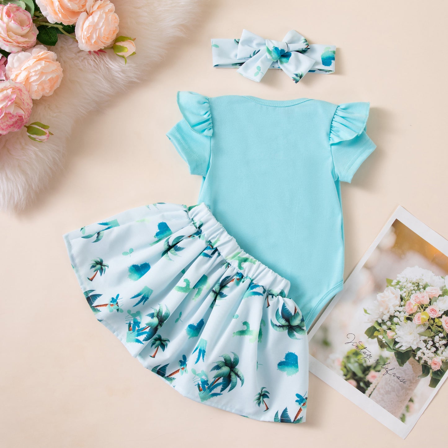 Children's Clothing for Girls Summer Beach-Style Three-Piece Set Short Sleeve Romper Coconut Tree Skirt Headband Set