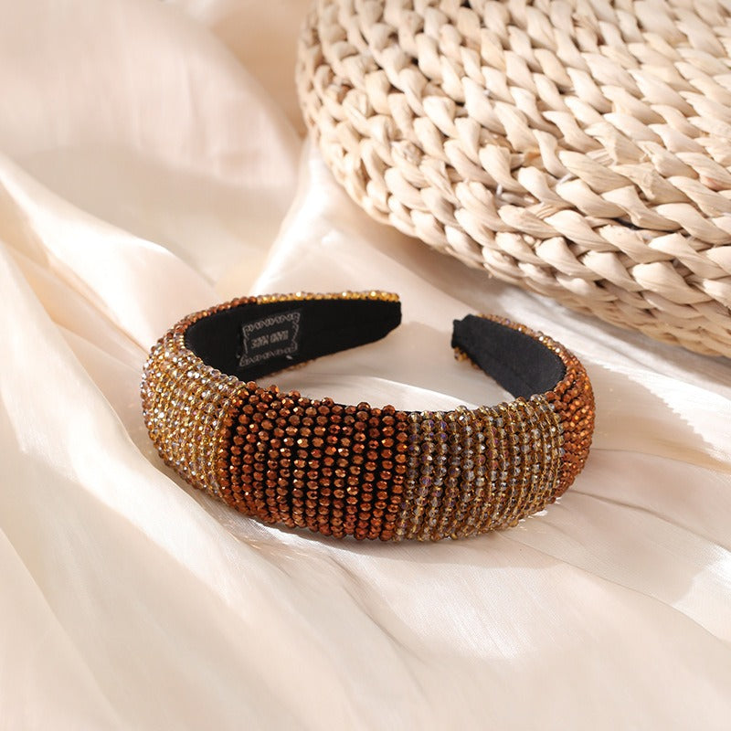 Fashionable beaded sewing with multi-color crystal gold velvet fabric wide edge sponge headband