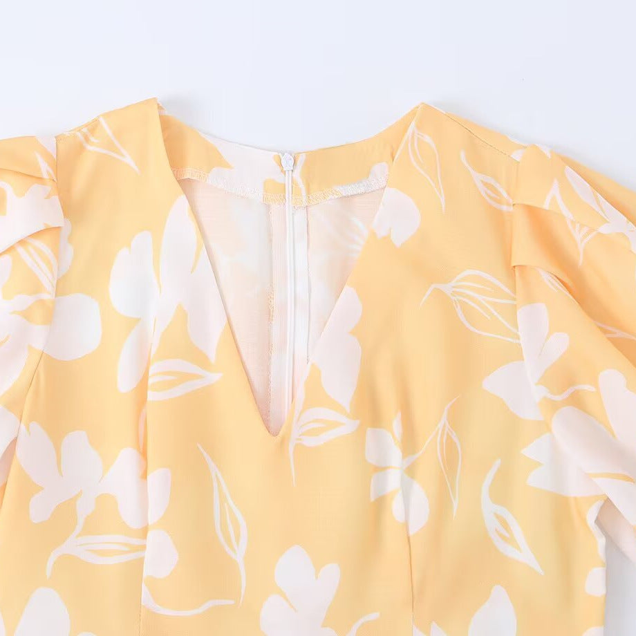 Bubble short sleeved V-neck printed dress