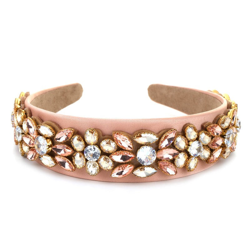 Personalized Diamond Flower Women Baroque Fabric Wide Edge Headband