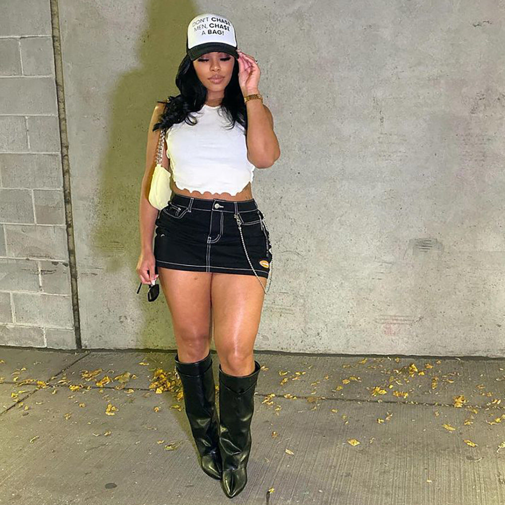 Sexy High-Waisted Vintage Stitched Fitted Denim Mini Skirt for Women